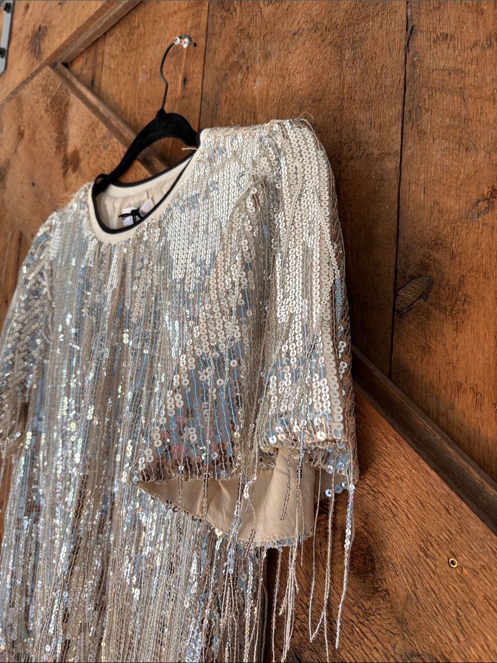 THML Silver Sequin Fringe Short Sleeve Top JH2358-BE Party Shimmer Womens Small - Picture 2 of 8